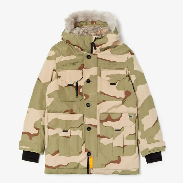 Jackets and Coats Lacoste Mens Unisex LIVE Faux Fur Hooded Parka BeigeWhite Shop Online