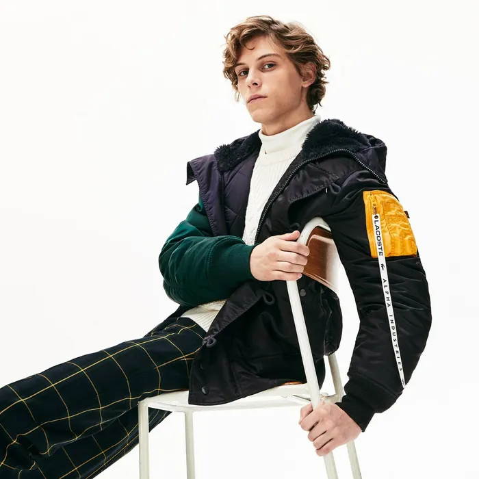 Jackets and Coats Lacoste Mens Unisex x Alpha Industries Colorblock Flightjacket Dark GreyNavy BlueGreenYellow On Sale