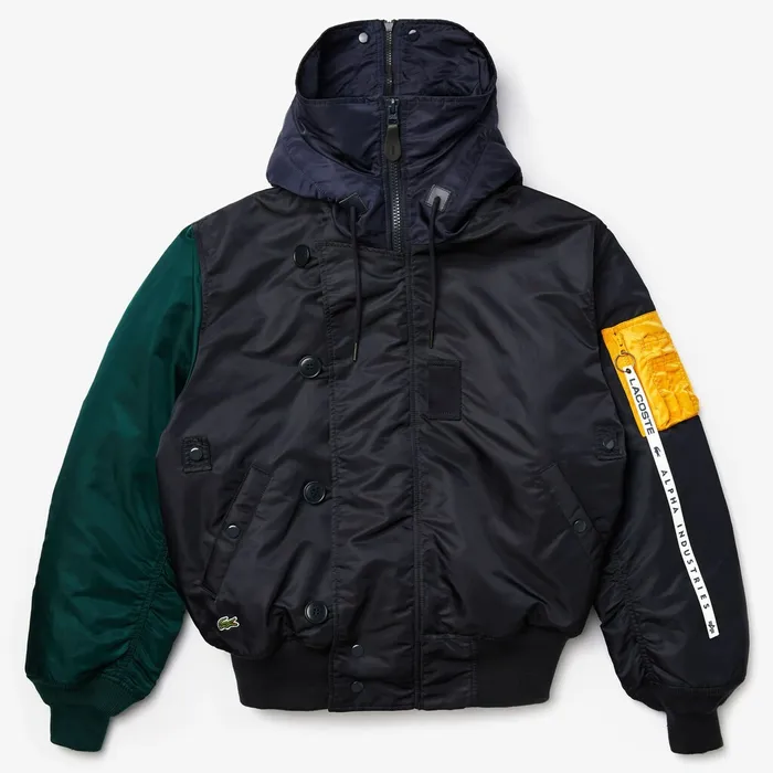 Jackets and Coats Lacoste Mens Unisex x Alpha Industries Colorblock Flightjacket Dark GreyNavy BlueGreenYellow On Sale