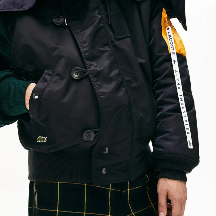 Jackets and Coats Lacoste Mens Unisex x Alpha Industries Colorblock Flightjacket Dark GreyNavy BlueGreenYellow On Sale