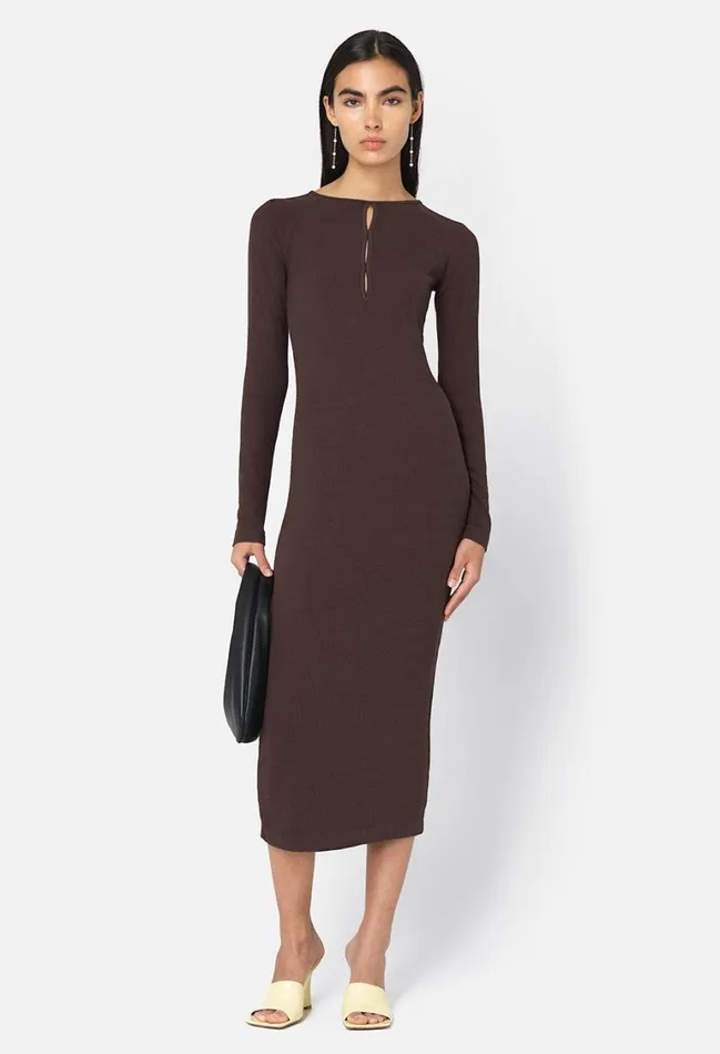 John Elliott Dresses Gemini Rib Ls Keyhole Midi Dress Chocolate Brown 8211 Women