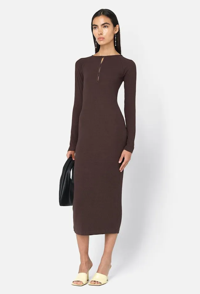 John Elliott Dresses Gemini Rib Ls Keyhole Midi Dress Chocolate Brown 8211 Women