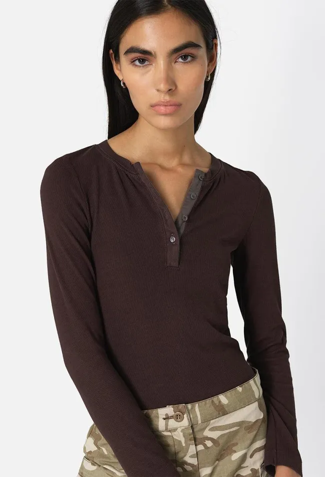John Elliott Tops Gemini Rib Henley Chocolate Brown 8211 Women
