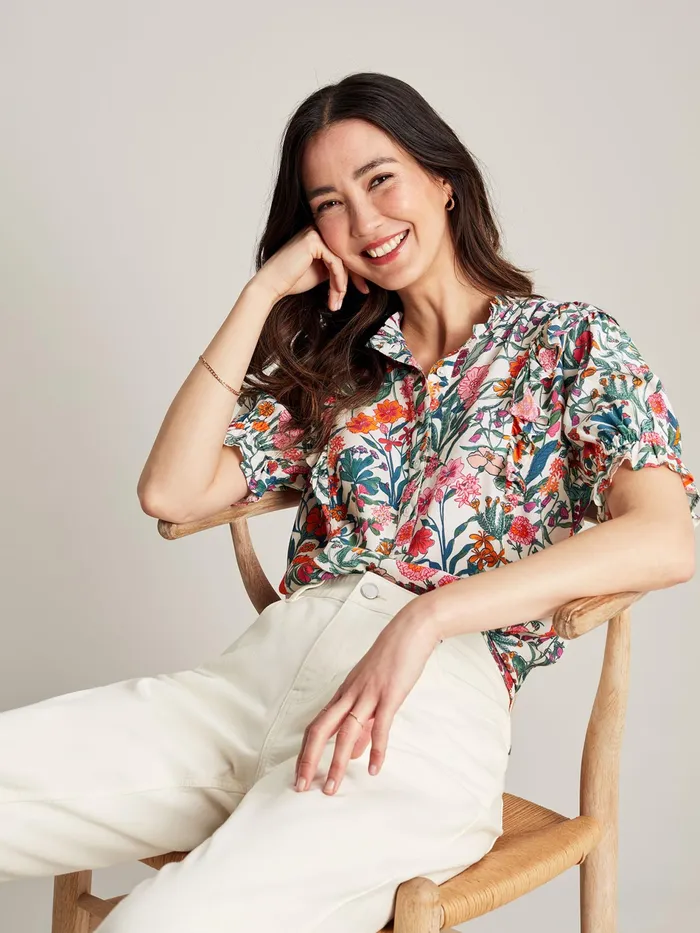 Joules Arlie 8211 White Half Placket Frill Blouse Women Shirts and Blouses
