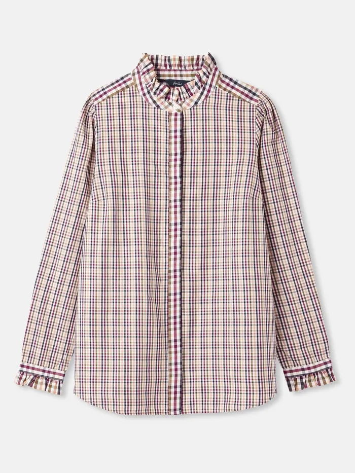 Joules Aspen 8211 Multi Frill Neck Check Shirt Women Shirts and Blouses