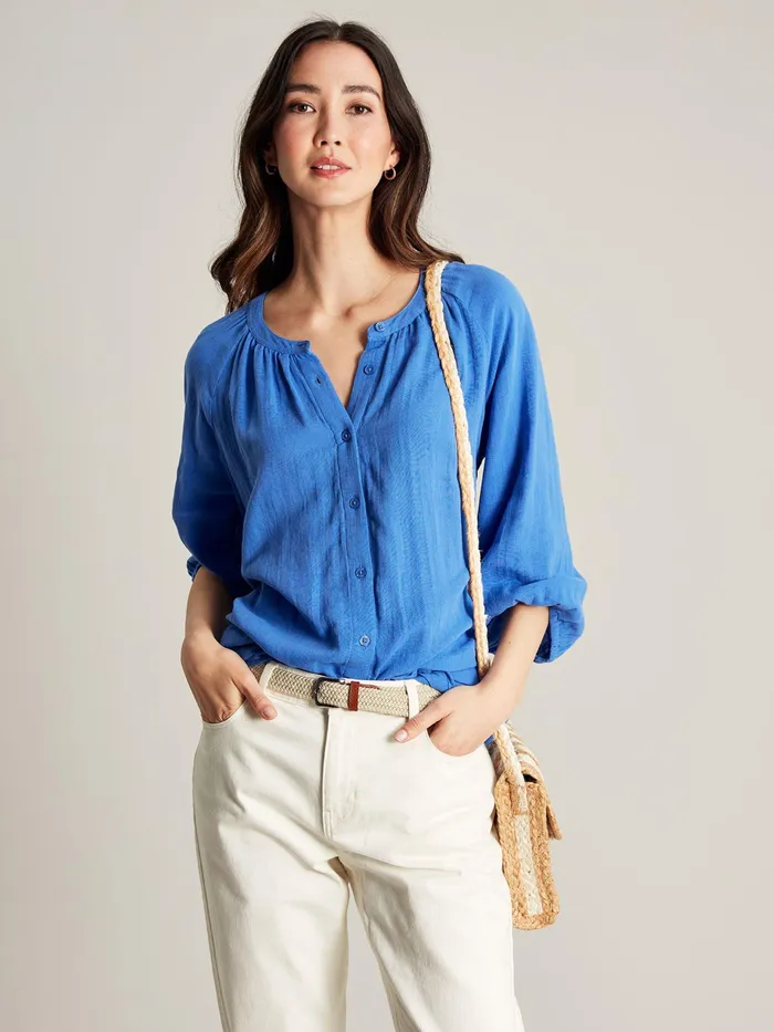 Joules Calais 8211 Blue Button Through Blouse Women Shirts and Blouses