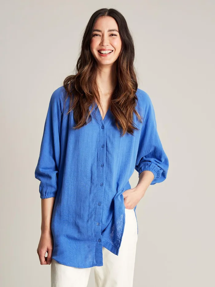 Joules Calais 8211 Blue Button Through Blouse Women Shirts and Blouses