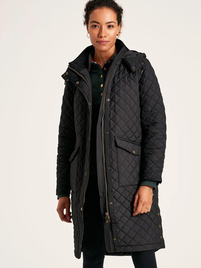 Joules Chatsworth 8211 Black Showerproof Long Diamond Quilted Coat With Hood Women Raincoats Joules Chatsworth 8211 Black Showerproof Long Diamond Quilted Coat With Hood Women Raincoats