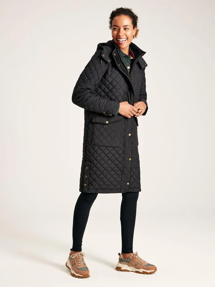 Joules Chatsworth 8211 Black Showerproof Long Diamond Quilted Coat With Hood Women Raincoats