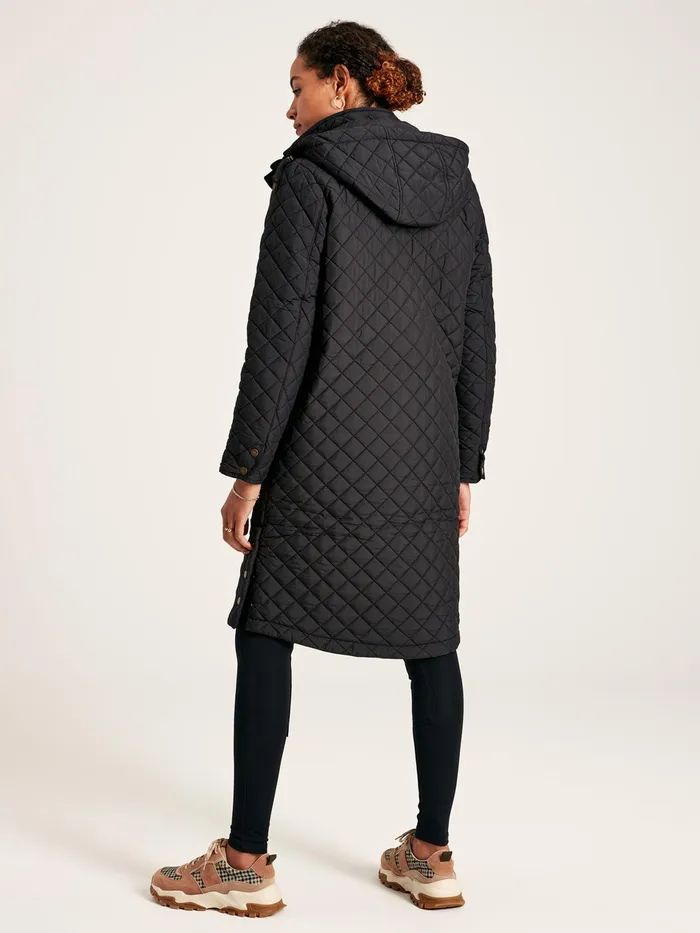 Joules Chatsworth 8211 Black Showerproof Long Diamond Quilted Coat With Hood Women Raincoats