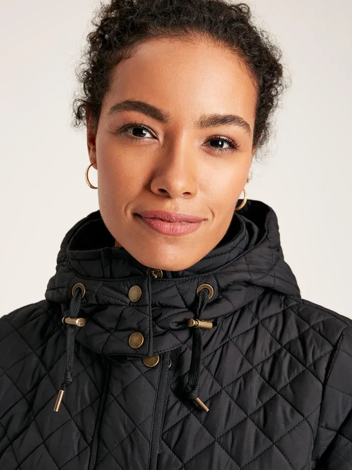 Joules Chatsworth 8211 Black Showerproof Long Diamond Quilted Coat With Hood Women Raincoats