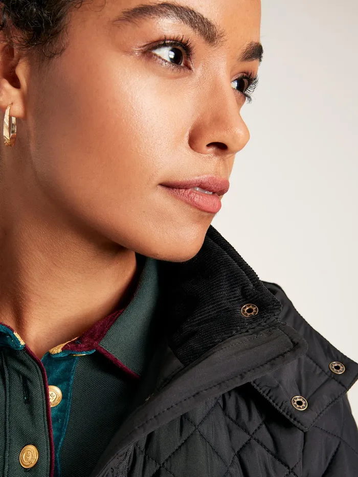 Joules Chatsworth 8211 Black Showerproof Long Diamond Quilted Coat With Hood Women Raincoats