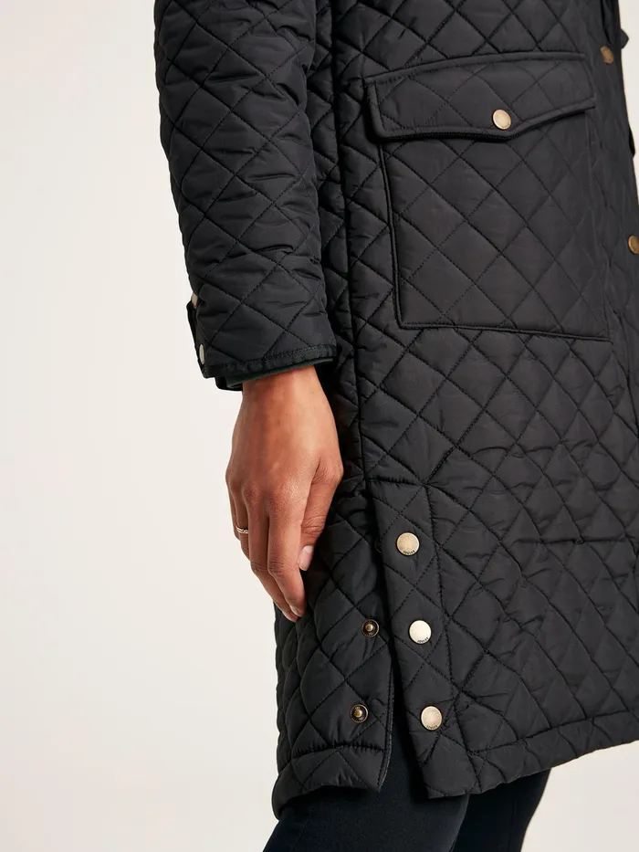 Joules Chatsworth 8211 Black Showerproof Long Diamond Quilted Coat With Hood Women Raincoats