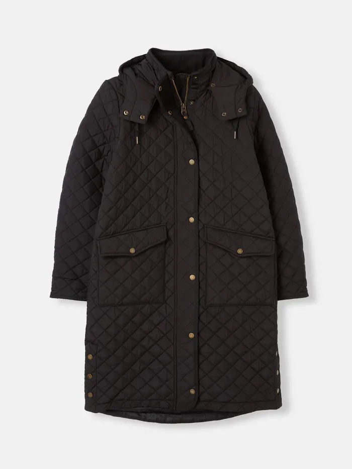 Joules Chatsworth 8211 Black Showerproof Long Diamond Quilted Coat With Hood Women Raincoats