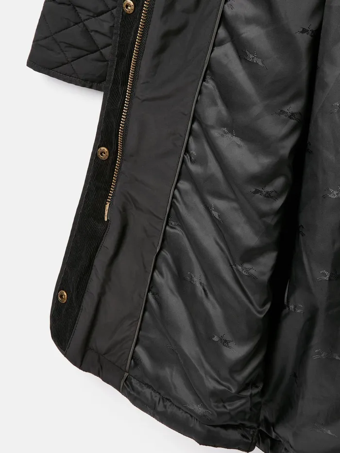 Joules Chatsworth 8211 Black Showerproof Long Diamond Quilted Coat With Hood Women Raincoats