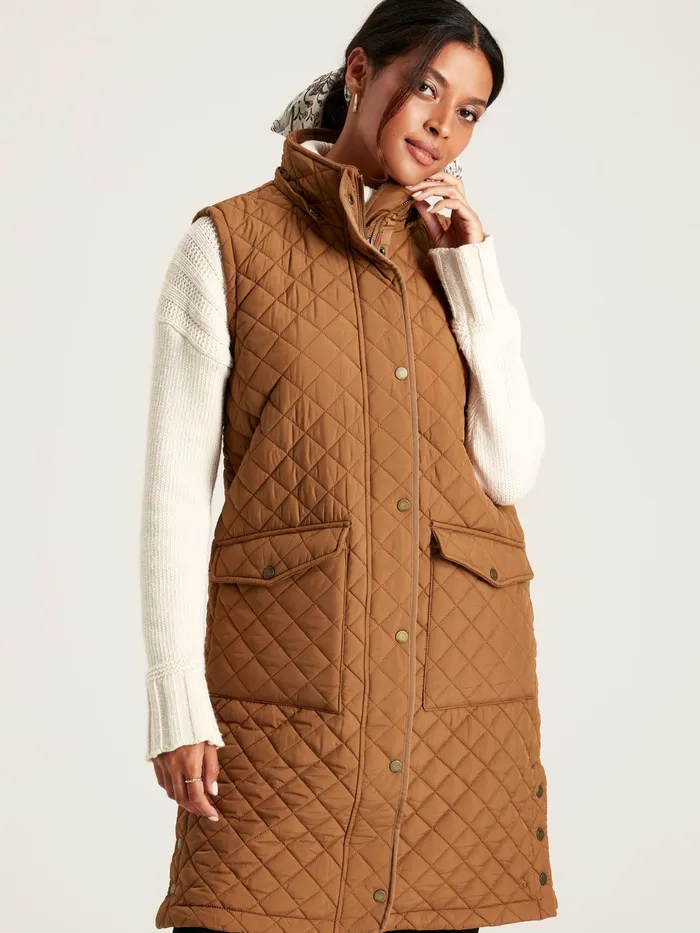 Joules Chatsworth 8211 Rust Brown Showerproof Long Diamond Quilted Gilet With Hood Women Coats and Jackets Joules Chatsworth 8211 Rust Brown Showerproof Long Diamond Quilted Gilet With Hood Women Coats and Jackets
