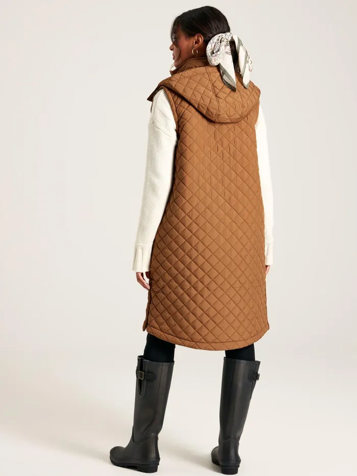 Joules Chatsworth 8211 Rust Brown Showerproof Long Diamond Quilted Gilet With Hood Women Coats and Jackets