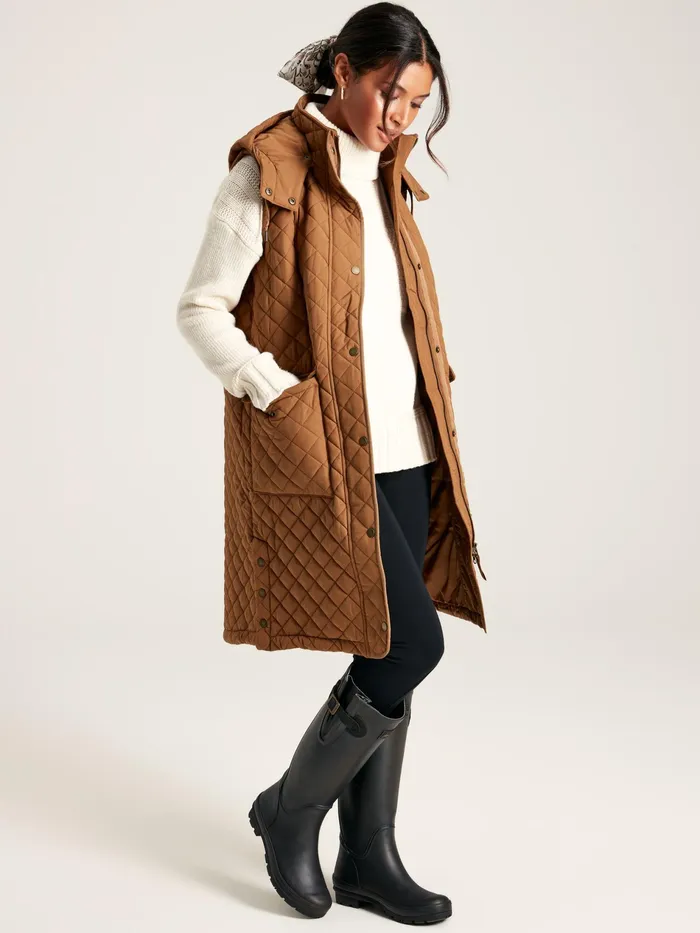 Joules Chatsworth 8211 Rust Brown Showerproof Long Diamond Quilted Gilet With Hood Women Coats and Jackets