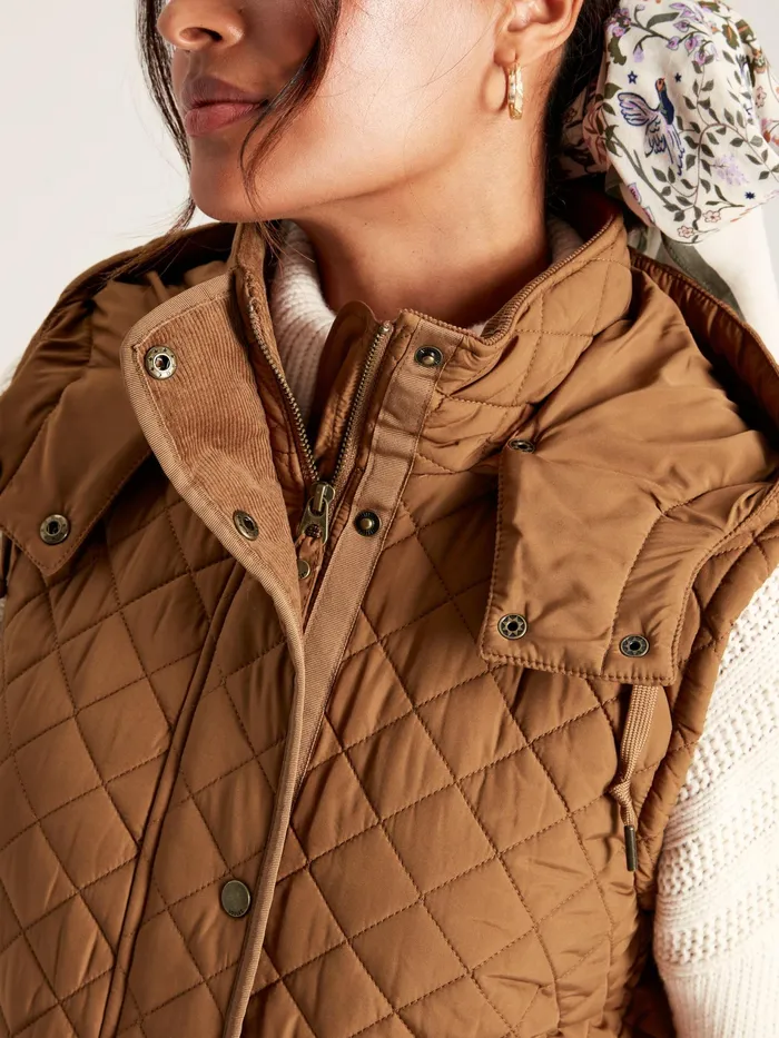 Joules Chatsworth 8211 Rust Brown Showerproof Long Diamond Quilted Gilet With Hood Women Coats and Jackets