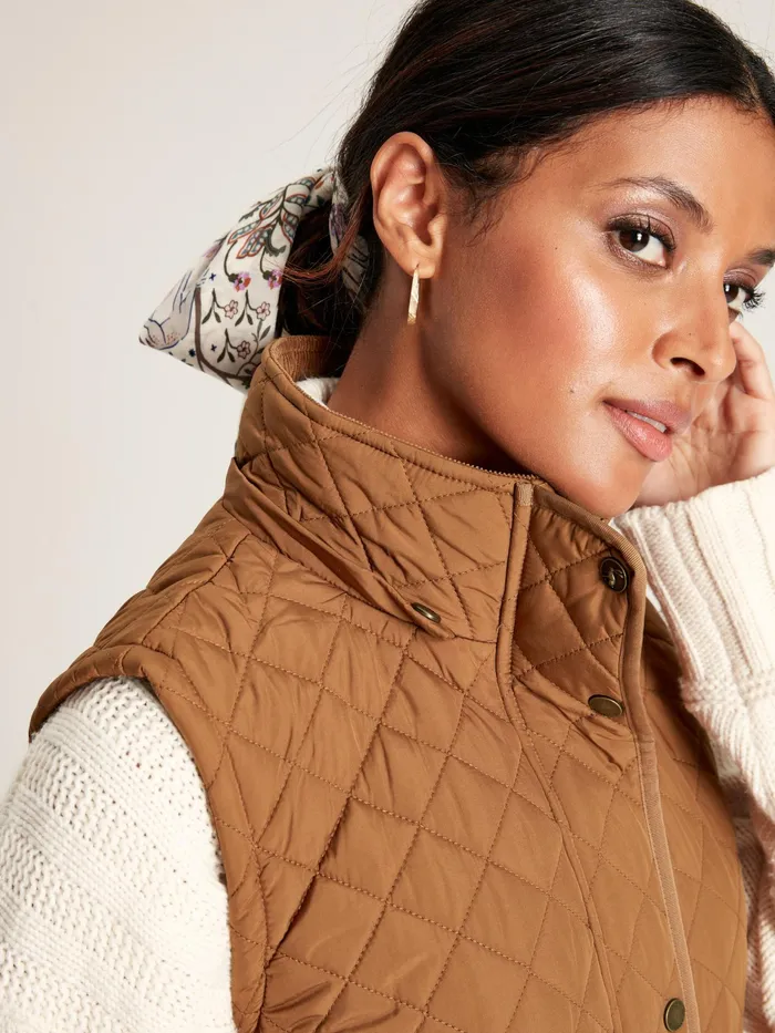 Joules Chatsworth 8211 Rust Brown Showerproof Long Diamond Quilted Gilet With Hood Women Coats and Jackets