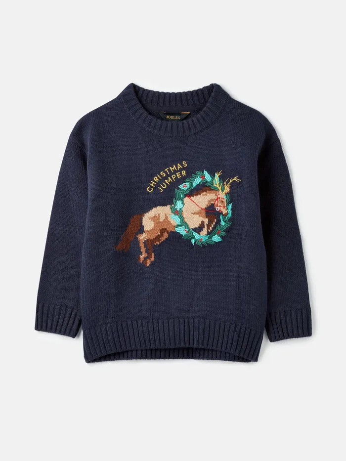Joules Clementine 8211 Navy Horse Christmas Knitwear Girls Knitwear