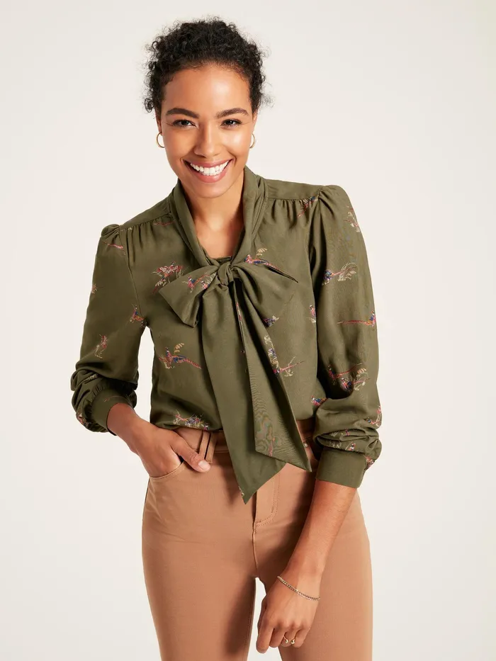 Joules Everly 8211 Green Tie Neck Blouse Women Shirts and Blouses
