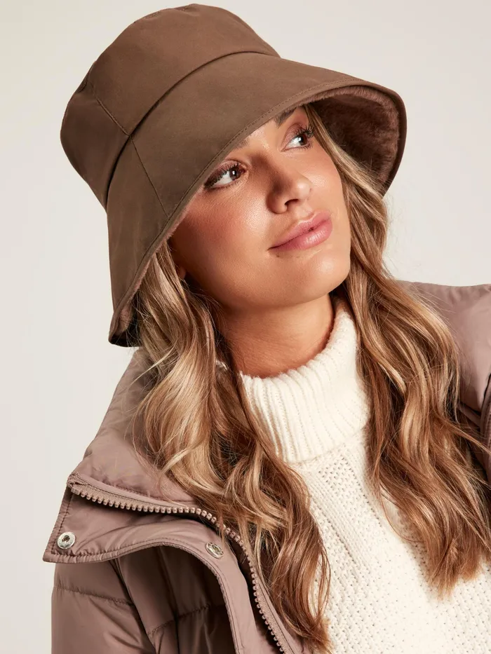 Joules Lottie 8211 Brown Wax Faux Fur Lined Bucket Hat Women Hats