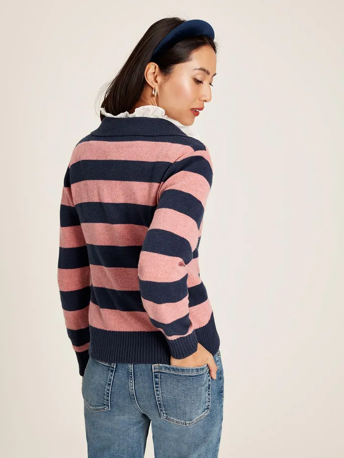 Joules Maddie 8211 Navy Blue Striped V Neck Jumper With Collar Women Knitwear