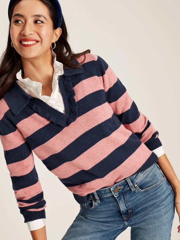 Joules Maddie 8211 Navy Blue Striped V Neck Jumper With Collar Women Knitwear