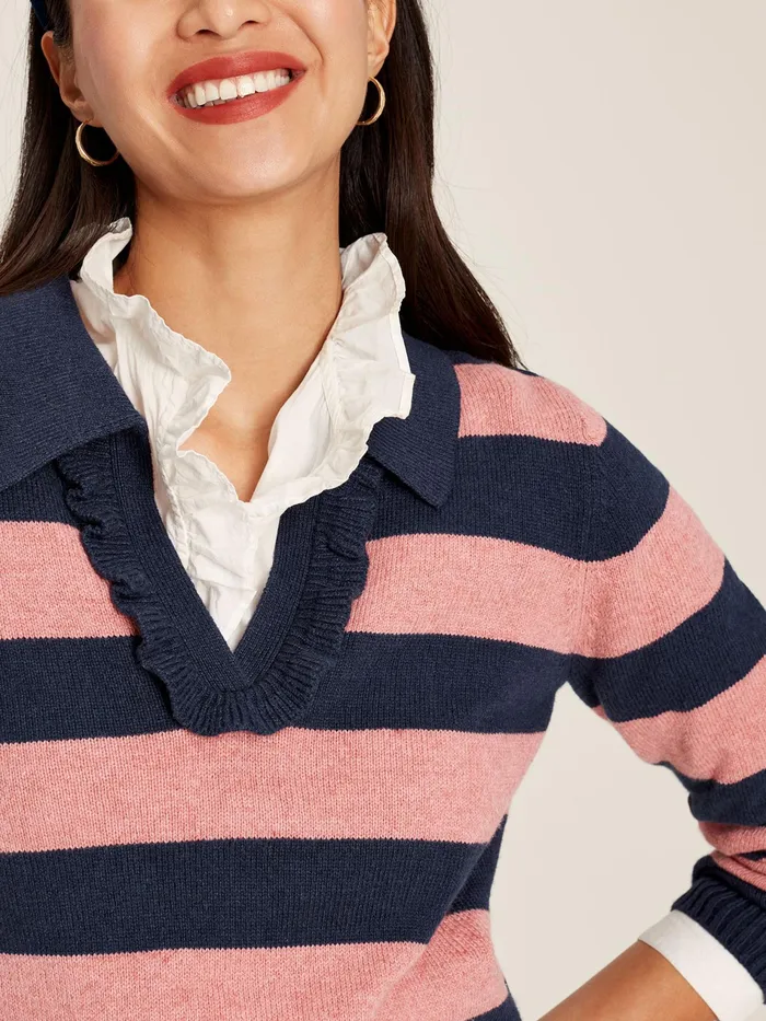 Joules Maddie 8211 Navy Blue Striped V Neck Jumper With Collar Women Knitwear