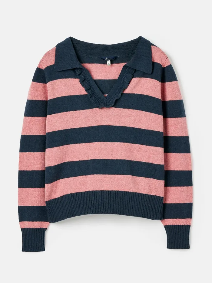 Joules Maddie 8211 Navy Blue Striped V Neck Jumper With Collar Women Knitwear