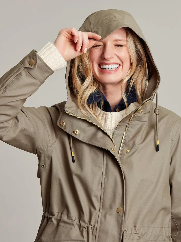 Joules Padstow 8211 Mushroom Brown Waterproof Raincoat With Hood Women Raincoats