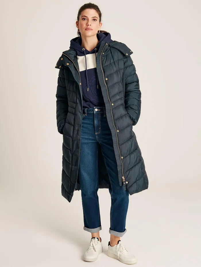 Joules Pembury 8211 Navy Blue Showerproof Long Padded Coat With Hood Women Coats and Jackets