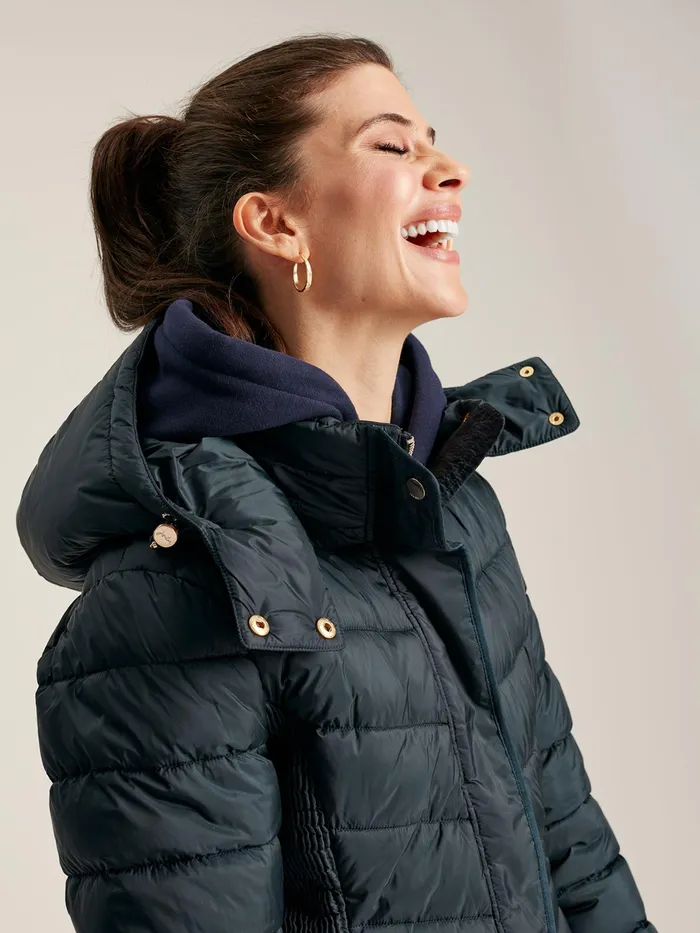 Joules Pembury 8211 Navy Blue Showerproof Long Padded Coat With Hood Women Coats and Jackets