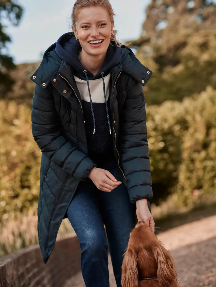 Joules Pembury 8211 Navy Blue Showerproof Long Padded Coat With Hood Women Coats and Jackets