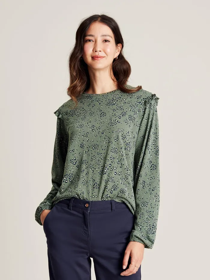 Joules Samara 8211 Green Jersey Frill Sleeve Top Women Tops