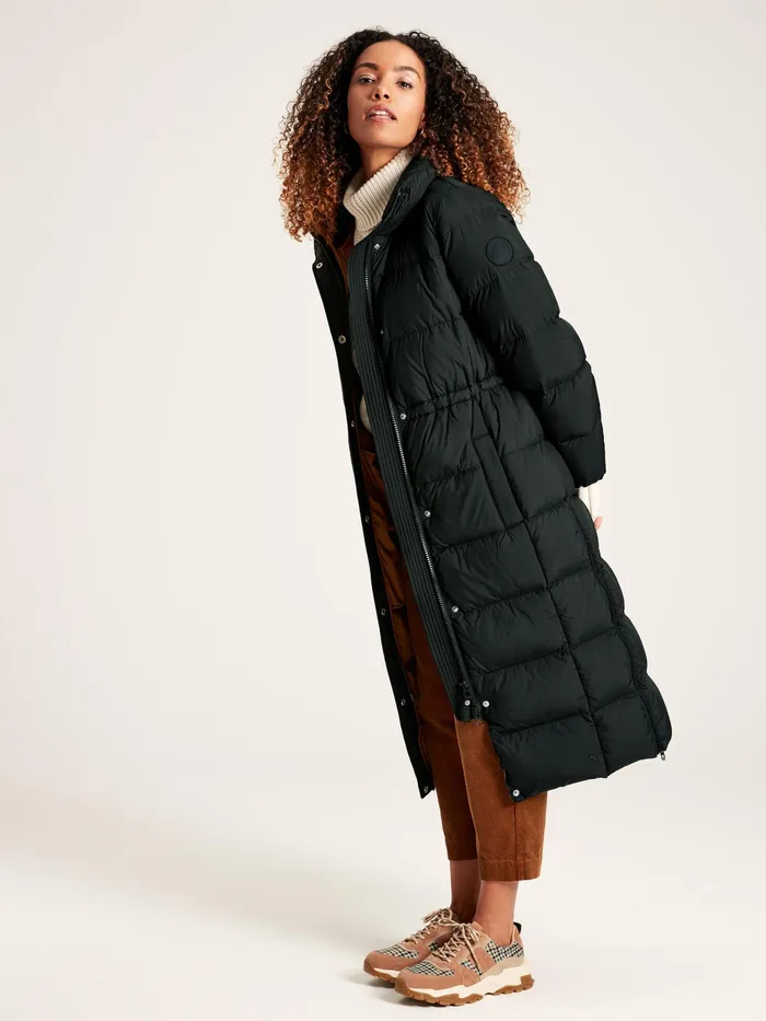 Joules Somerton 8211 Black Showerproof Down Feather Long Puffer Coat Women Raincoats