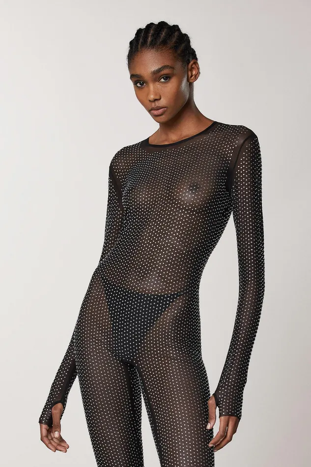 Jumpsuits Women Patrizia Pepe LongSleeved Tulle Jumpsuit Black and Crystal