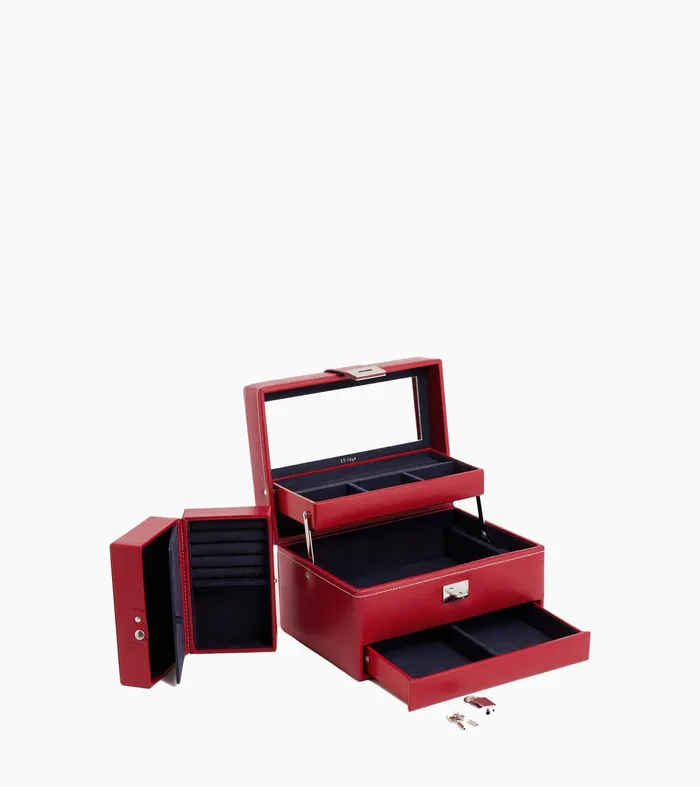Le Tanneur Jewelry and Watch Boxes Women Medium Automatic Opening Leather Jewellery Box Garnet Red