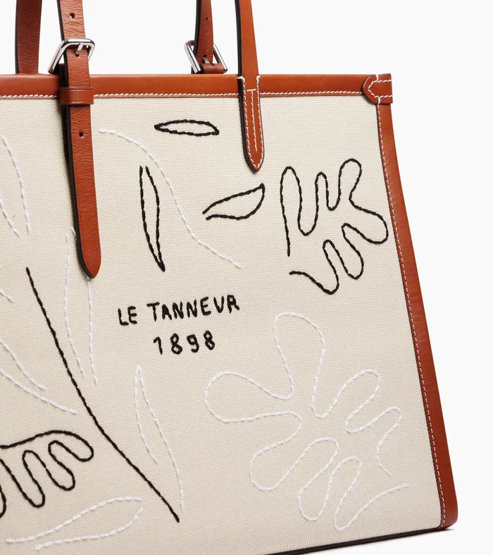 Le Tanneur Totes and Shoulder Bags Women Shoulder Bag In SemiVegetable Leather And Cotton Canvas White Chalk Brown Tan