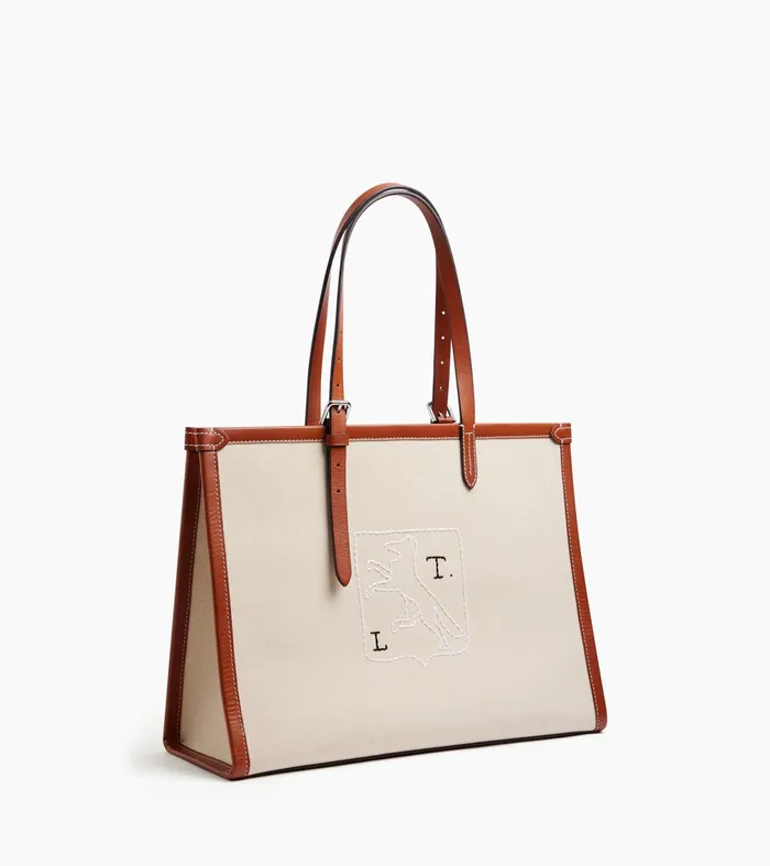 Le Tanneur Totes and Shoulder Bags Women Shoulder Bag In SemiVegetable Leather And Cotton Canvas White Chalk Brown Tan