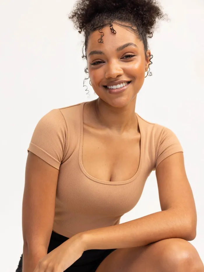 Lift 20 Rib Seamless TShirt 8211 Tan Women Ryderwear Tops