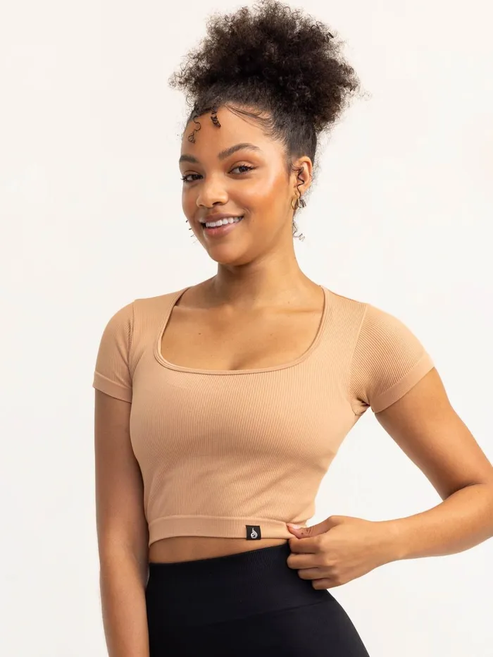Lift 20 Rib Seamless TShirt 8211 Tan Women Ryderwear Tops