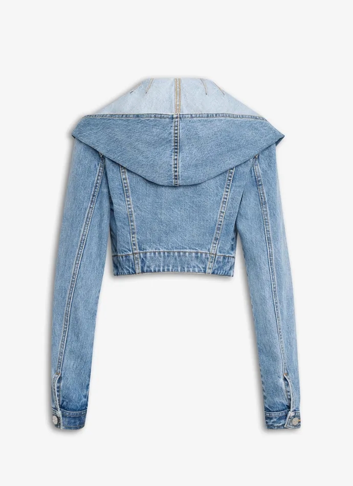 Light Blue HOODED CROPPED JACKET IN SKY DENIM Women Alaa Coats and Jackets