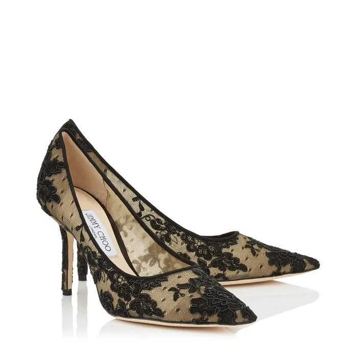Love 85 Black Floral Lace Pointed Pumps Black Women JIMMY CHOO Pumps
