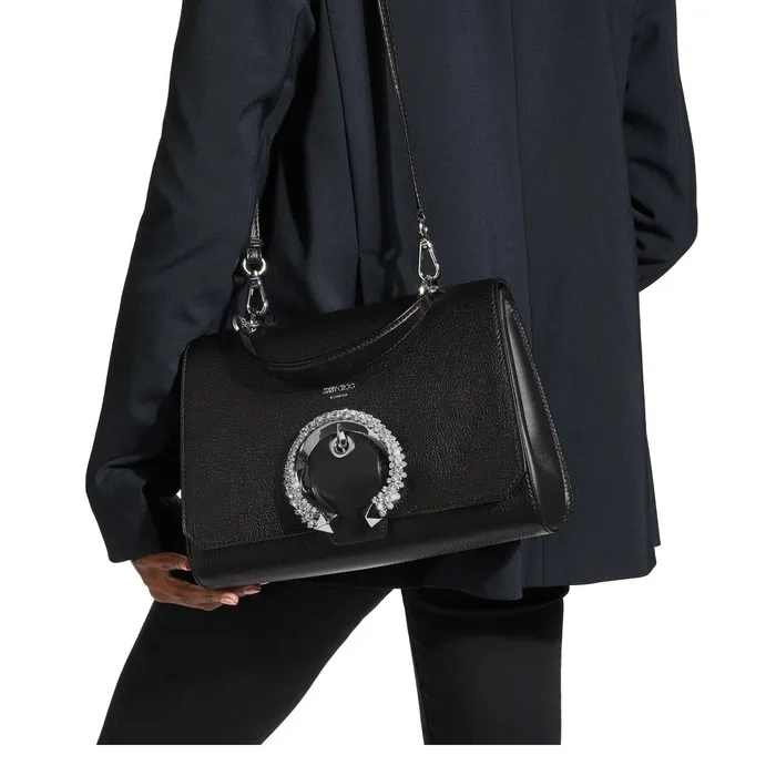 Madeline Top Handle Black Goat Calf Leather Top Handle Bag With Crystal Buckle Black Women JIMMY CHOO Top Handle Bags