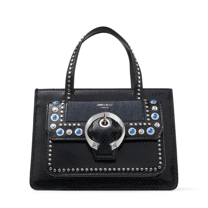Madeline ToteM Black Printed Leather Handbag With Indigo Denim And Stud Embellishment Indigoblack Women JIMMY CHOO Totes and Hobo Bags Madeline ToteM Black Printed Leather Handbag With Indigo Denim And Stud Embellishment Indigoblack Women JIMMY CHOO Totes and Hobo Bags