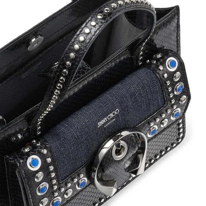 Madeline ToteM Black Printed Leather Handbag With Indigo Denim And Stud Embellishment Indigoblack Women JIMMY CHOO Totes and Hobo Bags