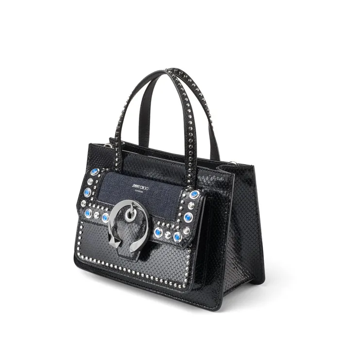 Madeline ToteM Black Printed Leather Handbag With Indigo Denim And Stud Embellishment Indigoblack Women JIMMY CHOO Totes and Hobo Bags