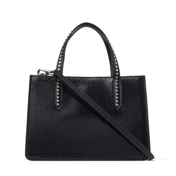 Madeline ToteM Black Printed Leather Handbag With Indigo Denim And Stud Embellishment Indigoblack Women JIMMY CHOO Totes and Hobo Bags